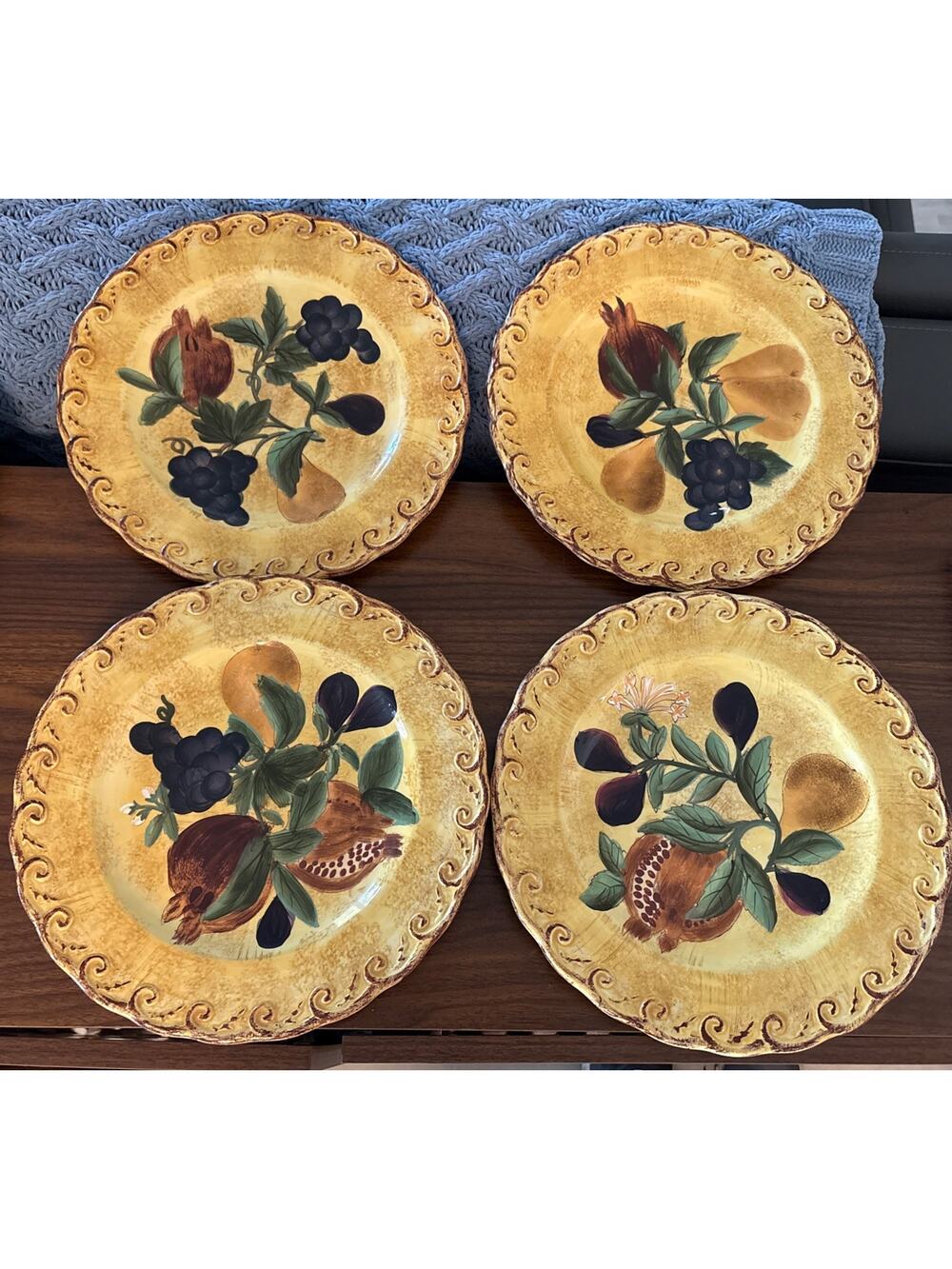 Set 4 Certified Int'l Raymond Waites Pompeii Dinner Plates Fruit Motif 11-1/8”